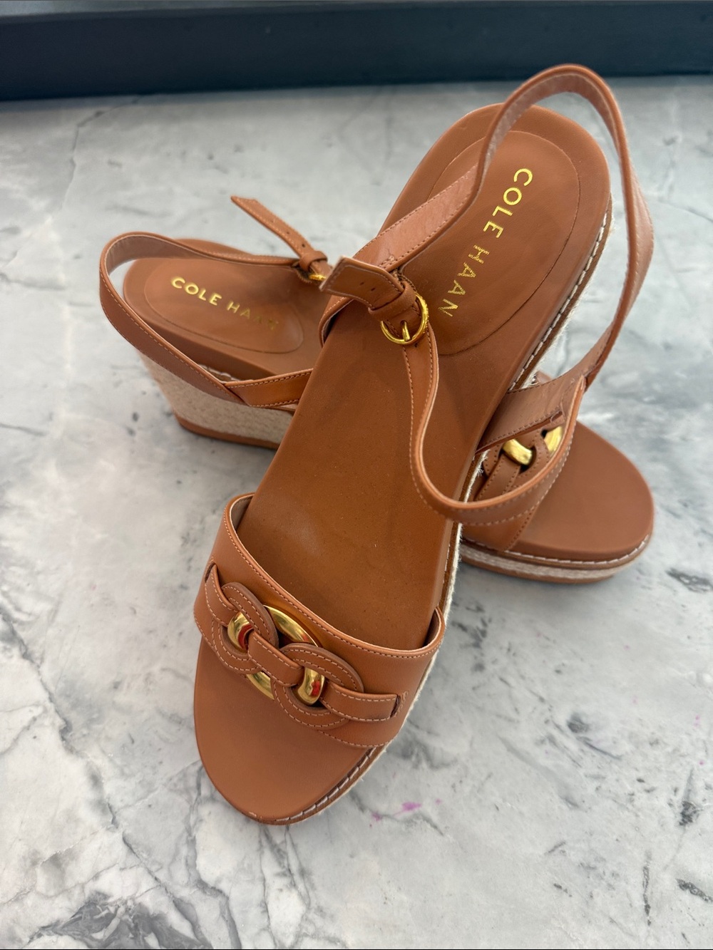 Cole Haan Cognac Leather Wedge Sandals with Gold Accents